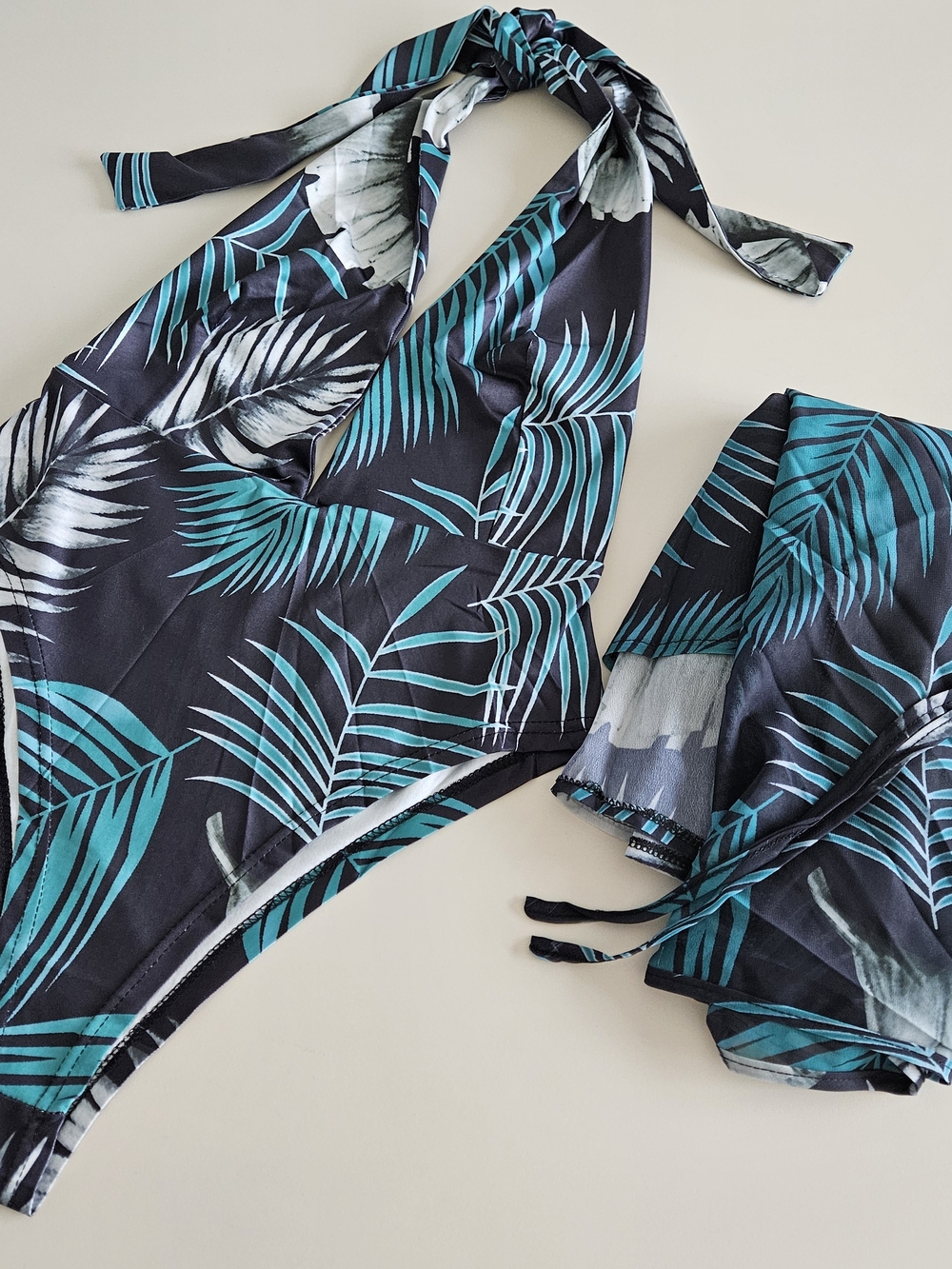 Tropical Halter One-Piece Swimsuit SET - Teal Palm Print